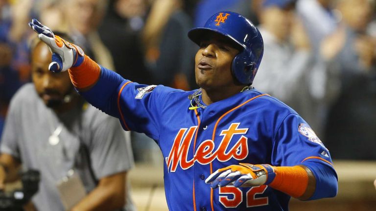 Yoenis Cespedes #52 of the New York Mets celebrates his fourth inning three run home run against the Los Angeles Dodgers at Citi Field in the Queens during Game 3 of the NLDS on Monday, Oct. 12, 2015