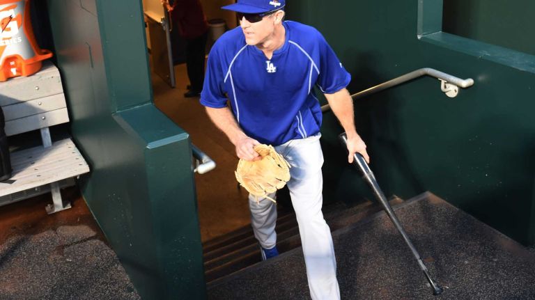 Los Angeles Dodgers second baseman Chase Utley (26) comes out for batting practice ahead of Game 3 of the NLDS against the New York Mets on Friday, Oct. 12, 2015.