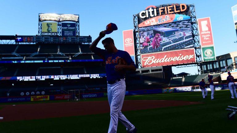 New York Mets starting pitcher Steven Matz (32) walks off the field during batting practice before Game 3 of the NLDS against the Los Angeles Dodgers at Citi Field on Monday, Oct. 12, 2015.