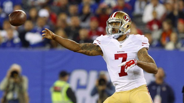 Colin Kaepernick #7 of the San Francisco 49ers throws a pass in the first half of a game against the New York Giants at MetLife Stadium on Sunday, Oct. 11, 2015 in East Rutherford, N.J.