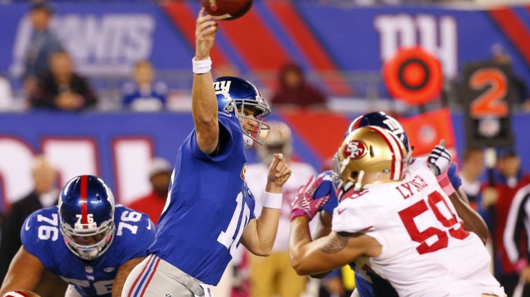 Eli Manning #10 of the New York Giants throws a pass in the second quarter against the San Francisco 49ers at MetLife Stadium on Sunday, Oct. 11, 2015 in East Rutherford, N.J.