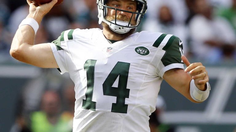 Ryan Fitzpatrick #14 of the New York Jets throws a pass in the fourth quarter against the Philadelphia Eagles during an NFL game at MetLife Stadium on Sept. 27, 2015.