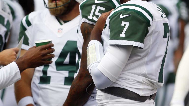 Geno Smith #7 of the New York Jets looks on in the first half against the Philadelphia Eagles during an NFL game at MetLife Stadium on Sept. 27, 2015.