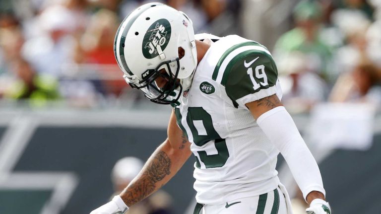 Devin Smith #19 of the New York Jets reacts after missing a pass in the endzone late in the first half against the Philadelphia Eagles during an NFL game at MetLife Stadium on Sept. 27, 2015.