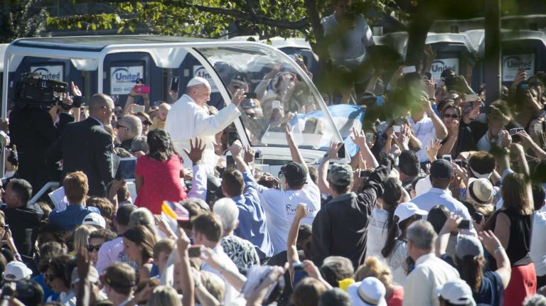 Pope Francis arrives at the Basilica of the National Shrine of the Immaculate Conception for the Canonization Mass of Blessed Junipero Serra today Wednesday Sept 23, 2015 in Washington DC.