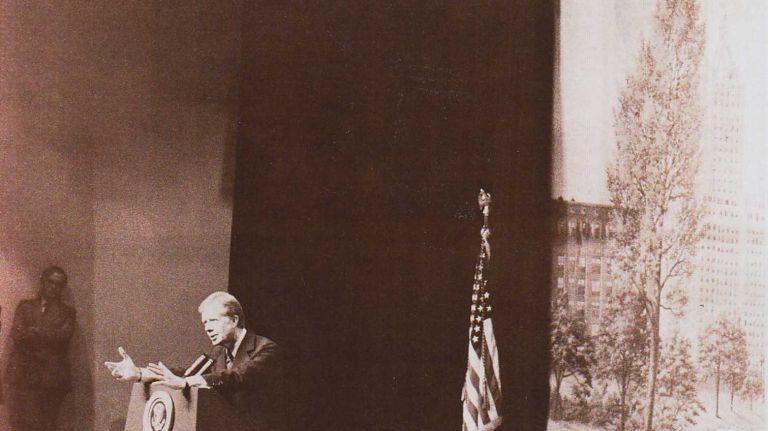 President Jimmy Carter addresses the crowd at Queens College, Flushing. (September 25, 1979)