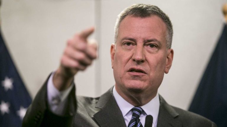 New York Mayor Bill de Blasio speaks about the snowstorm at a news conference at the Emergency Operations Center in Brooklyn on Monday, Jan. 26, 2015.