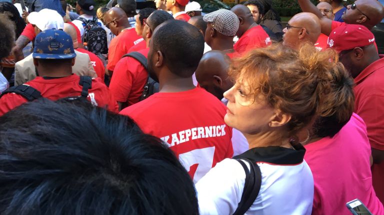 Colin Kaepernick supporters rally outside NFL headquarters in Manhattan 1 Supporters of Colin Kaepernick, including Susan Sarandon (pictured), rallied outside the National Football League's headquarters in midtown on Wednesday, August 23, 2017.