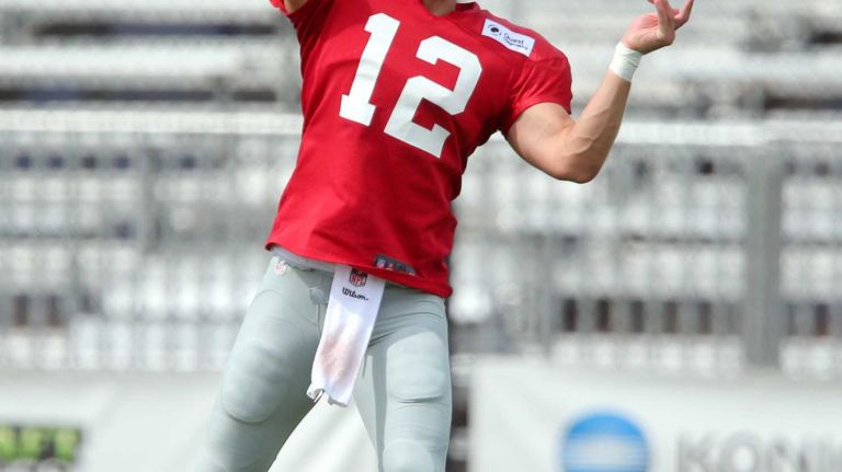 New York Giants quarterback Ryan Nassib drops back to pass during training camp at the Quest Diagnostics Training Center in East Rutherford, N.J., on Saturday, Aug. 8, 2015.