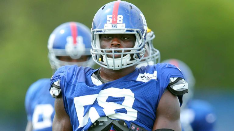 New York Giants defensive end Owamagbe Odighizuwa is seen during training camp at the Quest Diagnostics Training Center in East Rutherford, N.J., on Saturday, Aug. 8, 2015.