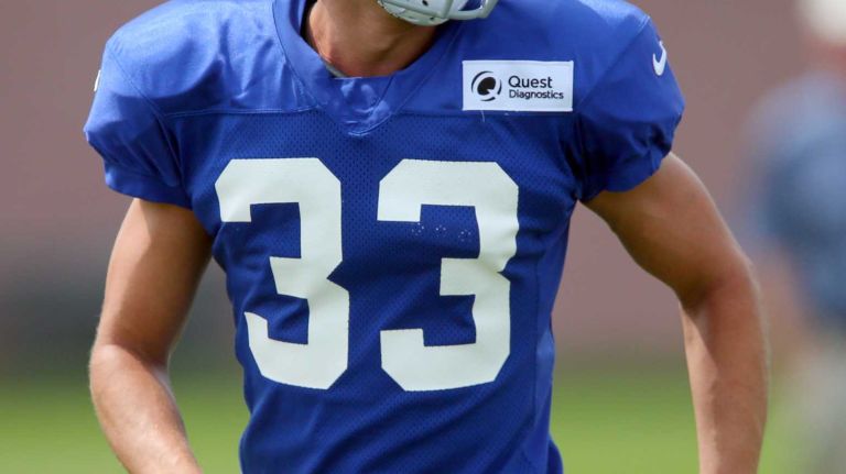 New York Giants safety Justin Halley is seen during training camp at the Quest Diagnostics Training Center in East Rutherford, N.J., on Saturday, Aug. 8, 2015.