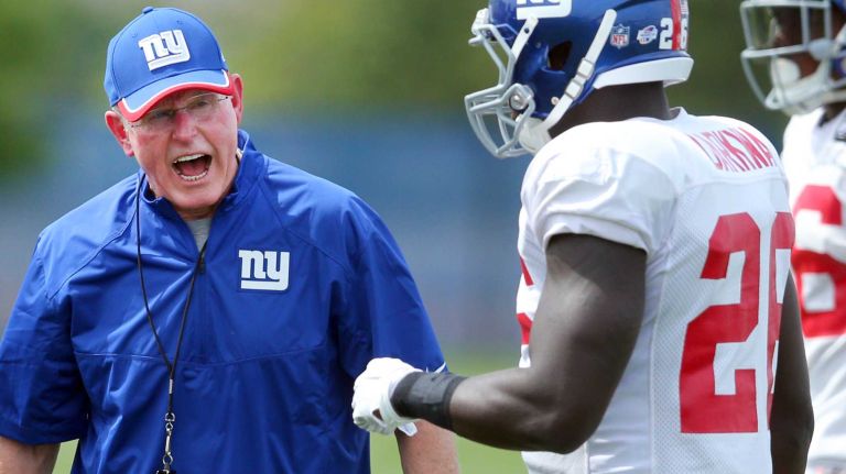 New York Giants head coach Tom Coughlin yells at running back Orleans Darkwa during training camp at the Quest Diagnostics Training Center in East Rutherford, N.J., on Saturday, Aug. 8, 2015.