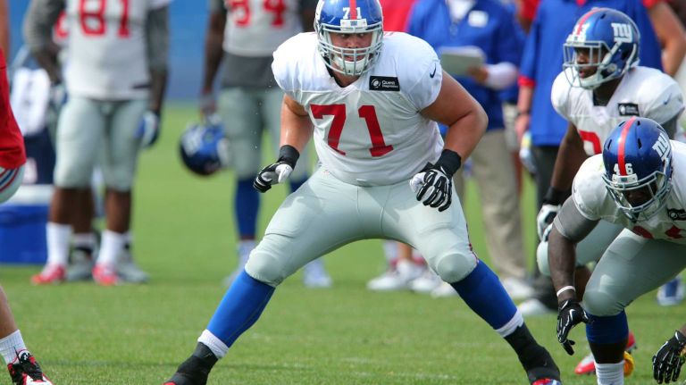 New York Giants tackle Sean Donnelly sets up for a play during training camp at the Quest Diagnostics Training Center in East Rutherford, N.J., on Saturday, Aug. 8, 2015.