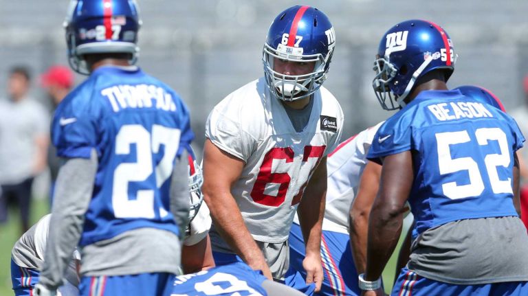 New York Giants tackle Justin Pugh lines up against the defense during training camp at the Quest Diagnostics Training Center in East Rutherford, N.J. on Friday, Aug. 7, 2015.
