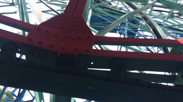 Looking up at the Wonder Wheel on June 11, 2012. The turquoise color of the Wheel was chosen by the former owner of the ride who had gotten a discount on that paint when a shop went out of business. 