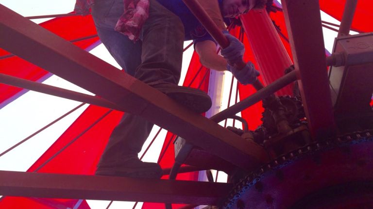 Denos Vourderis, who is known as D.J., checks the structural integrity of the carousel at Deno's Wonder Wheel Amusement Park on June 26, 2015. 