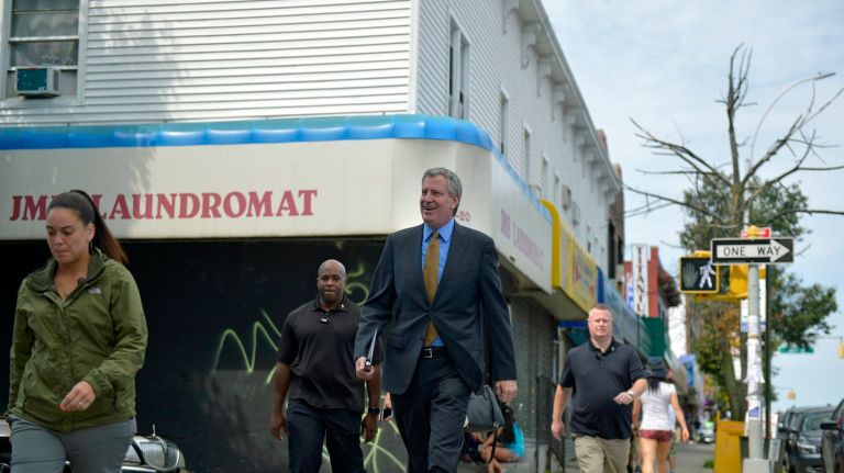 New York City Mayor Bill de Blasio arrives at Antioch Baptist Church in Corona Queens on Sunday, Aug. 6, 2017.