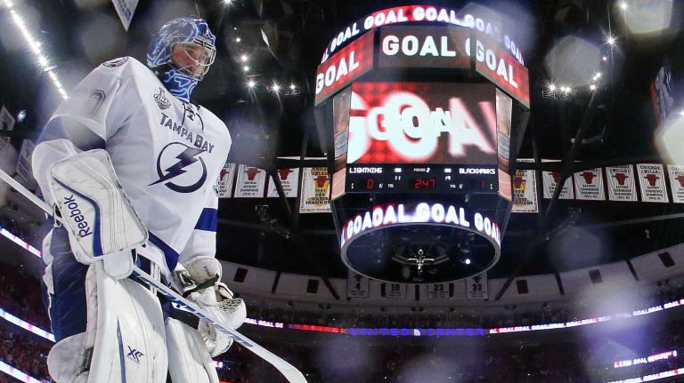 Stanley Cup Final: Blackhawks vs. Lightning 29 CHICAGO, IL - JUNE 15: Ben Bishop #30 of the Tampa Bay Lightning react after giving up a goal in the second period to Duncan Keith #2 of the Chicago Blackhawks during Game Six of the 2015 NHL Stanley Cup Final at the United Center on June 15, 2015 in Chicago, Illinois. (Photo by Bruce Bennett/Getty Images)