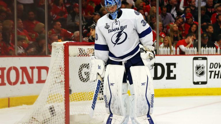 Stanley Cup Final: Blackhawks vs. Lightning 31 CHICAGO, IL - JUNE 15: Ben Bishop #30 of the Tampa Bay Lightning looks on in the third period against the Chicago Blackhawks during Game Six of the 2015 NHL Stanley Cup Final at the United Center on June 15, 2015 in Chicago, Illinois. (Photo by Bruce Bennett/Getty Images)