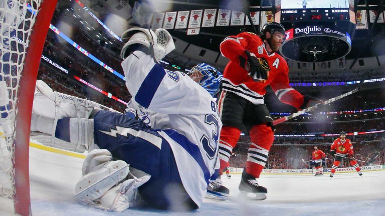 Stanley Cup Final: Blackhawks vs. Lightning 33 CHICAGO, IL - JUNE 15: Duncan Keith #2 of the Chicago Blackhawks scores a goal in the second period against Ben Bishop #30 of the Tampa Bay Lightning during Game Six of the 2015 NHL Stanley Cup Final at the United Center on June 15, 2015 in Chicago, Illinois. (Photo by Bruce Bennett/Getty Images)