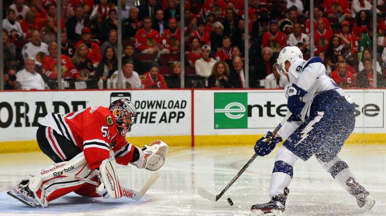 Stanley Cup Final: Blackhawks vs. Lightning 34 CHICAGO, IL - JUNE 15: Corey Crawford #50 of the Chicago Blackhawks makes a save against Steven Stamkos #91 of the Tampa Bay Lightning during the second period in Game Six of the 2015 NHL Stanley Cup Final at the United Center on June 15, 2015 in Chicago, Illinois. (Photo by Bruce Bennett/Getty Images)