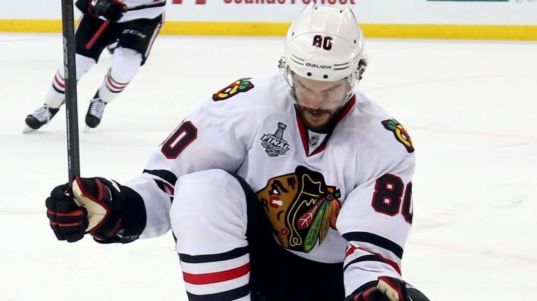 Stanley Cup Final: Blackhawks vs. Lightning 37 Antoine Vermette #80 of the Chicago Blackhawks celebrates his third-period goal against the Tampa Bay Lightning during Game 1 of the 2015 NHL Stanley Cup Final at Amalie Arena on June 3, 2015 in Tampa.
