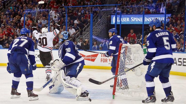 Stanley Cup Final: Blackhawks vs. Lightning 42 TAMPA, FL - JUNE 13: Antoine Vermette #80 of the Chicago Blackhawks celebrates his third period goal against Ben Bishop #30 of the Tampa Bay Lightning during Game Five of the 2015 NHL Stanley Cup Final at Amalie Arena on June 13, 2015 in Tampa, Florida. (Photo by Bruce Bennett/Getty Images)