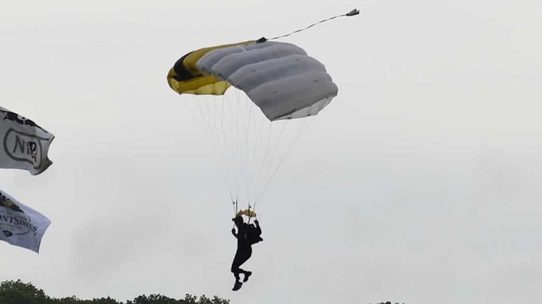 A member of the Army Black Knights parachute team lands at Belmont Park before the 147th running of the Belmont Stakes on Saturday, June 6, 2015 in Elmont.
