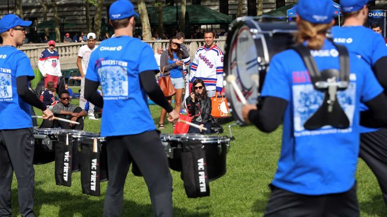 Rangers viewing party in Bryant Park 9 The Rangers Drumline entertains the crowd at the free Rangers' outdoor viewing party in Bryant Park in Manhattan on Wednesday, May 20, 2015.