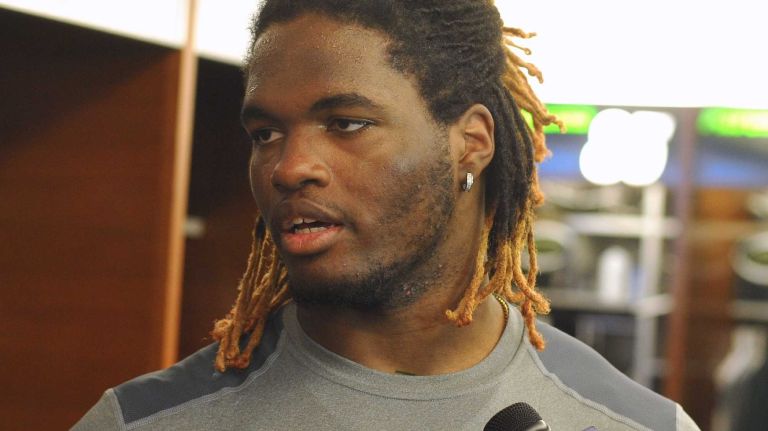 New York Jets LB Lorenzo Mauldin, the team's third-round selection (82nd overall) in the 2015 NFL Draft, speaks with the media during Day 1 of rookie minicamp held at Atlantic Health Jets Training Center in Florham Park, N.J. on Friday, May 8, 2015.