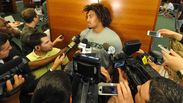 New York Jets DL Leonard Williams, the team's first-round selection (sixth overall) in the 2015 NFL Draft, speaks with the media during Day 1 of rookie minicamp held at Atlantic Health Jets Training Center in Florham Park, N.J. on Friday, May 8, 2015.