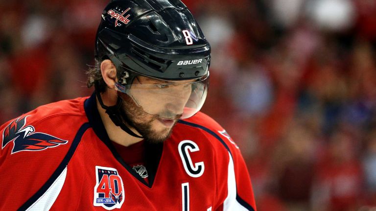Alex Ovechkin #8 of the Washington Capitals looks on after having a shot saved against the New York Rangers during the first period in Game 3 of the Eastern Conference semifinals during the 2015 NHL Stanley Cup playoffs at Verizon Center on May 4, 2015.
