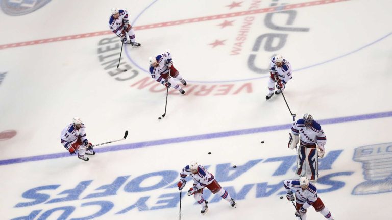 The New York Rangers warm up before playing the Washington Capitals in Game 3 of the Eastern Conference semifinals during the 2015 NHL Stanley Cup playoffs at Verizon Center on May 4, 2015/