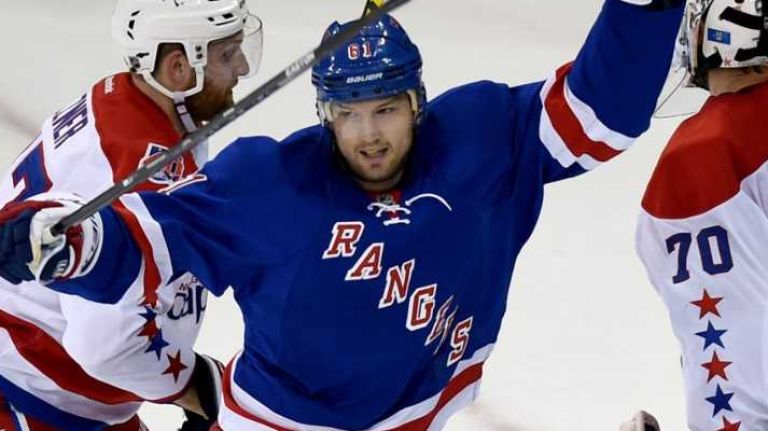 Rangers vs. Capitals: Game 2 of round 2 of Stanley Cup playoffs 38 The New York Rangers' Rick Nash celebrates Dan Boyle's goal against the Washington Capitals during the first period of Game 2 of the Eastern Conference semifinals at Madison Square Garden on Saturday, May 2, 2015.
