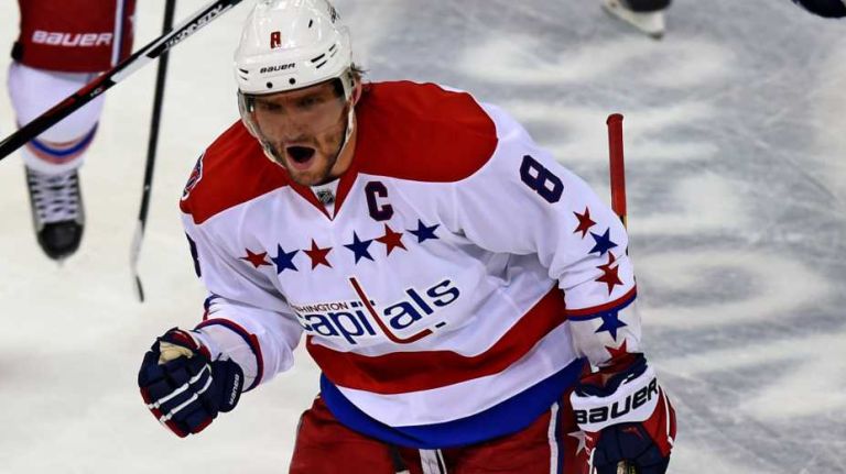 The Washington Capitals' Alex Ovechkin celebrates his first-period goal against the New York Rangers during Game 1 of the Eastern Conference semifinals at Madison Square Garden on Thursday, April 30, 2015.