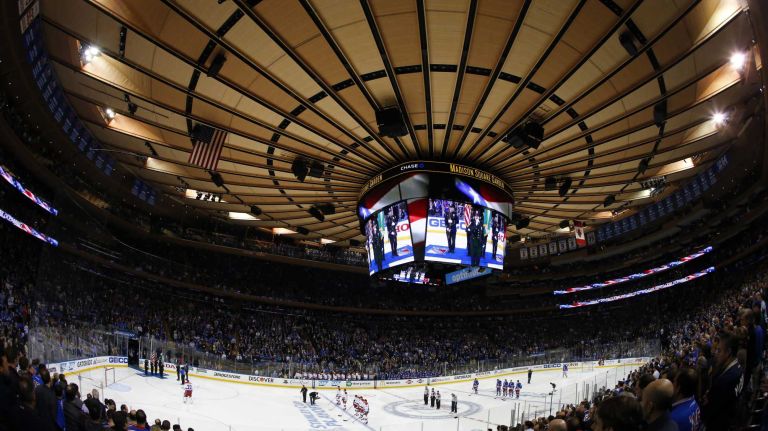 A general view of Madison Square Garden during the national anthem before Game 1 of the Eastern Conference semifinals between the New York Rangers and the Washington Capitals at Madison Square Garden on Thursday, April 30, 2015.