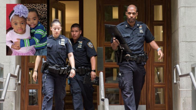 Olivia Gee, top left, and Micha Gee, top right, died after being beaten in the Bronx on Monday, July 10, 2017, police said. Center: Police officers leave the toddlers' apartment on Van Cortlandt Park South in the Bronx on Monday, July 10, 2017.