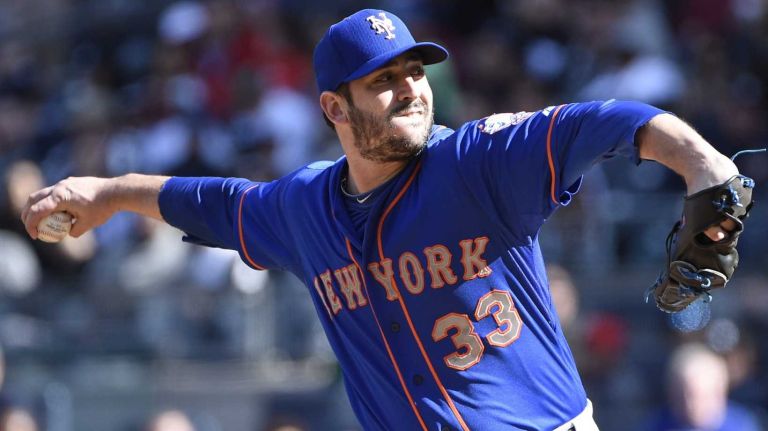 New York Mets starting pitcher Matt Harvey delivers against the New York Yankees during the first inning of a baseball game at Yankee Stadium on Saturday, April 25, 2015.