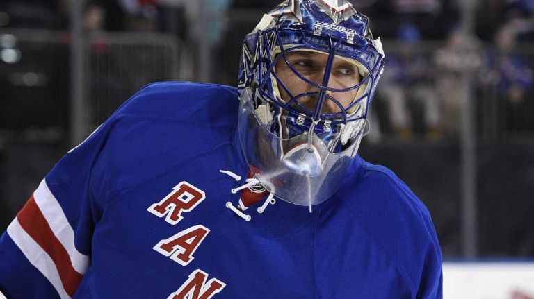 New York Rangers goalie Henrik Lundqvist warms up on the ice before the start of a game between against the Washington Capitals at Madison Square Garden on Sunday, March 29, 2015.