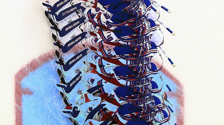 Henrik Lundqvist of the New York Rangers skates in warm-ups prior to the game against the New Jersey Devils at the Prudential Center on April 7, 2015 in Newark, N.J.