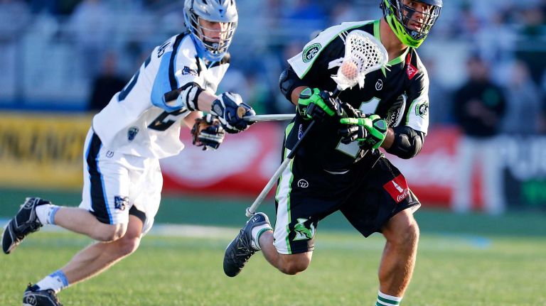 NY Lizards vs. Ohio Machine 38 HEMPSTEAD, NY - APRIL 12: JoJo Marasco #1 of the New York Lizards carries the ball against Brian Karalunas #25 of the Ohio Machine at James M. Shuart Stadium on April 12, 2015 in Hempstead, New York. Lizards defeated the Machines 14-8. (Photo by Mike Stobe/Getty Images)