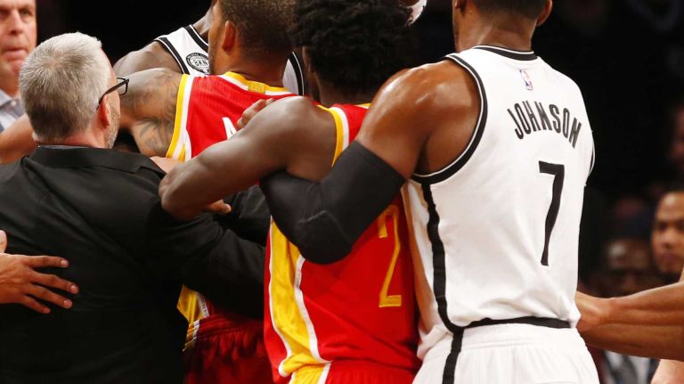 Kevin Garnett #2 of the Brooklyn Nets is held back as he reacts after a first-quarter confrontation with Dwight Howard #12 of the Houston Rockets (not pictured) at Barclays Center on Monday, Jan. 12, 2015.