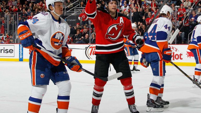 Travis Zajac of the New Jersey Devils celebrates his goal against the New York Islanders at 11:57 of the second period at the Prudential Center on Jan. 9, 2015 in Newark, N.J.