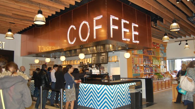 French food market Le District now open at Brookfield Place 14 Grab a cappuccino when you first enter Le District. Also in the Cafe District: made to order waffles and crepes, macaroons and tarts and much more.