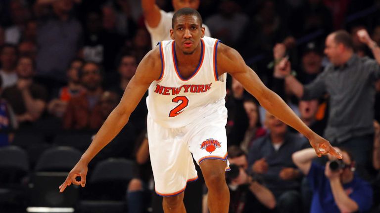 Langston Galloway of the New York Knicks reacts after a three-point basket against the Minnesota Timberwolves at Madison Square Garden on Thursday, March 19, 2015.