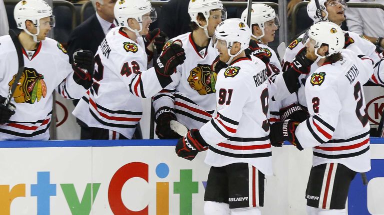 Brad Richards of the Chicago Blackhawks celebrates his third-period goal against the New York Rangers at Madison Square Garden on Wednesday, March 18, 2015.