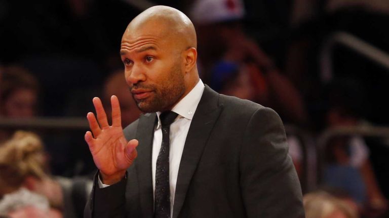 Derek Fisher of the New York Knicks looks on against the San Antonio Spurs at Madison Square Garden on Tuesday, March 17, 2015.