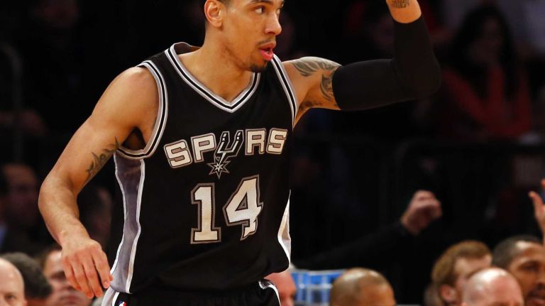 Danny Green of the San Antonio Spurs reacts after a three-point basket against the New York Knicks at Madison Square Garden on Tuesday, March 17, 2015.