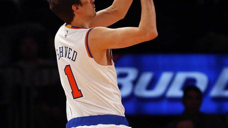 Alexey Shved of the New York Knicks takes a shot in the first half against the San Antonio Spurs at Madison Square Garden on Tuesday, March 17, 2015.