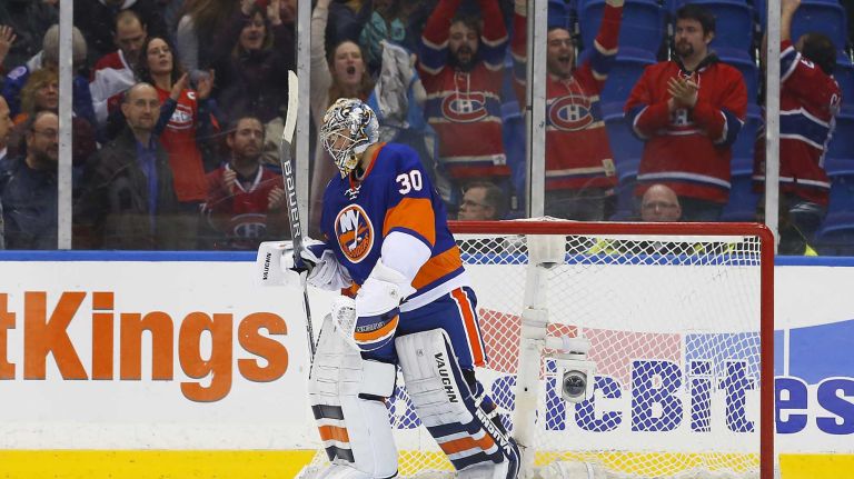 Michal Neuvirth of the New York Islanders skates off the ice after a loss against the Montreal Canadiens at Nassau Coliseum on Saturday, March 14, 2015 in Uniondale.